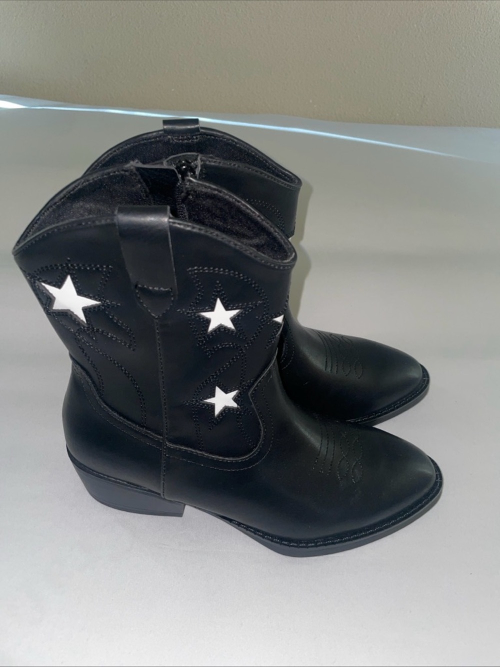 Girls Western Boots Size 4 Black White Star Faux Leather Cowboy